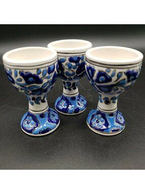 Greek Pottery Arris Rhodes Blue Hand Painted Egg Cups Set of 3 Vintage